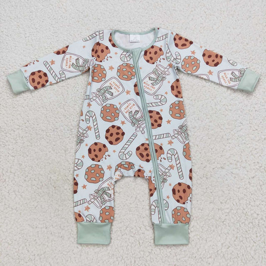 LR0631 Cookies Milk Candy Cane Print Baby Boys Christmas Zipper Sleeper Romper
