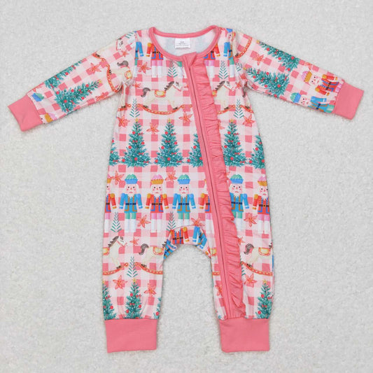 LR0665 Nutcracke* Soldier Pink Checkered Print Baby Girls Christmas Zipper Sleeper Romper