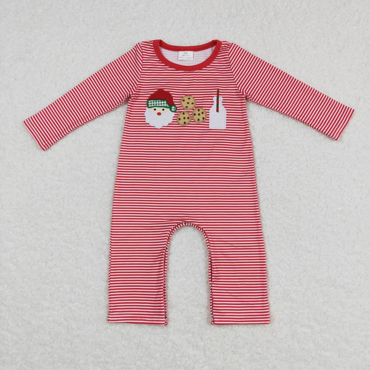 LR0707  Santa Cookies Milk Embroidery Red Stripes Baby Boys Christmas Romper