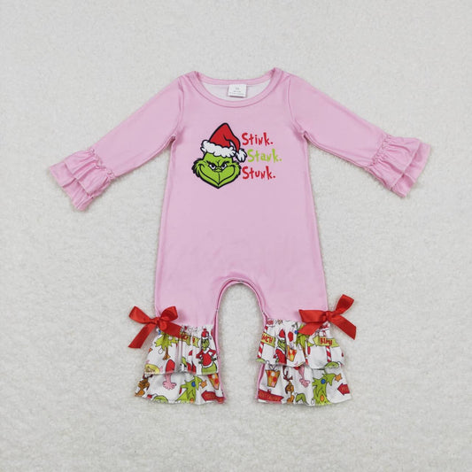 LR0778 Green Frog Pink Print Baby Girls Christmas Ruffle Romper