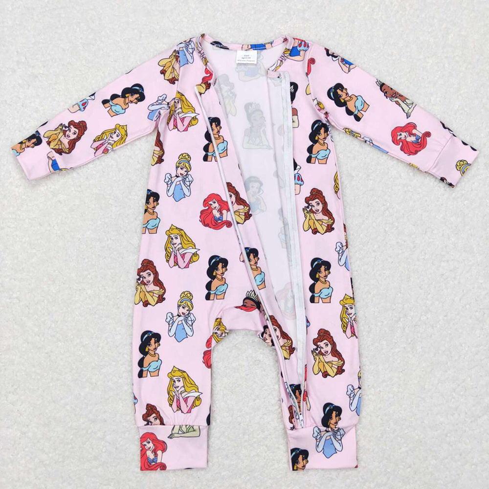 LR0800 Cartoon Princess Pink Print Baby Girls Long Sleeve Zipper Romper