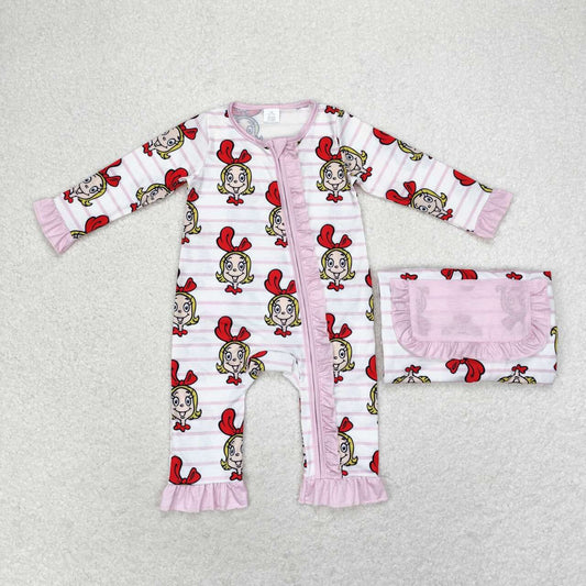 LR1001 Cindy Smiling Pink Stripes Print Baby Girls Christmas Bamboo Zipper Sleeper Romper