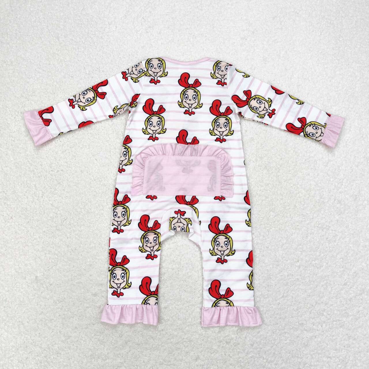 LR1001 Cindy Smiling Pink Stripes Print Baby Girls Christmas Bamboo Zipper Sleeper Romper
