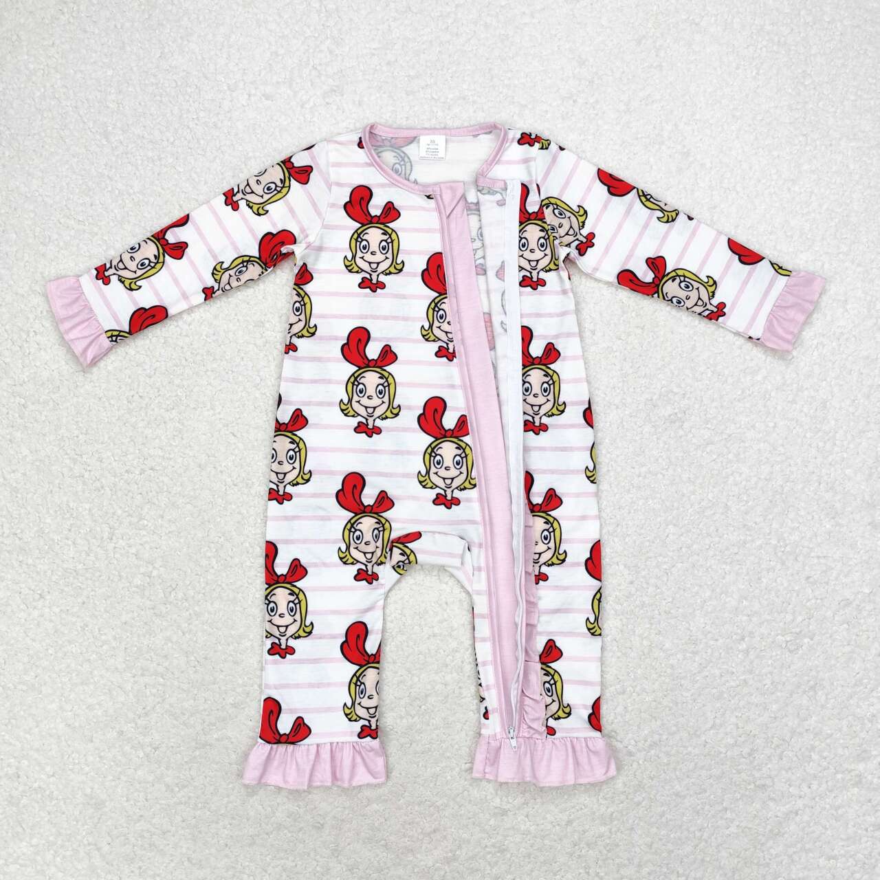 LR1001 Cindy Smiling Pink Stripes Print Baby Girls Christmas Bamboo Zipper Sleeper Romper
