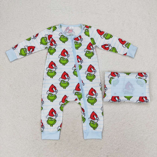 LR1002 Green Frog Smiling Stripes Print Baby Boys Christmas Bamboo Zipper Sleeper Romper