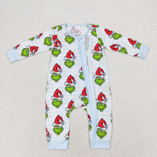 LR1002 Green Frog Smiling Stripes Print Baby Boys Christmas Bamboo Zipper Sleeper Romper
