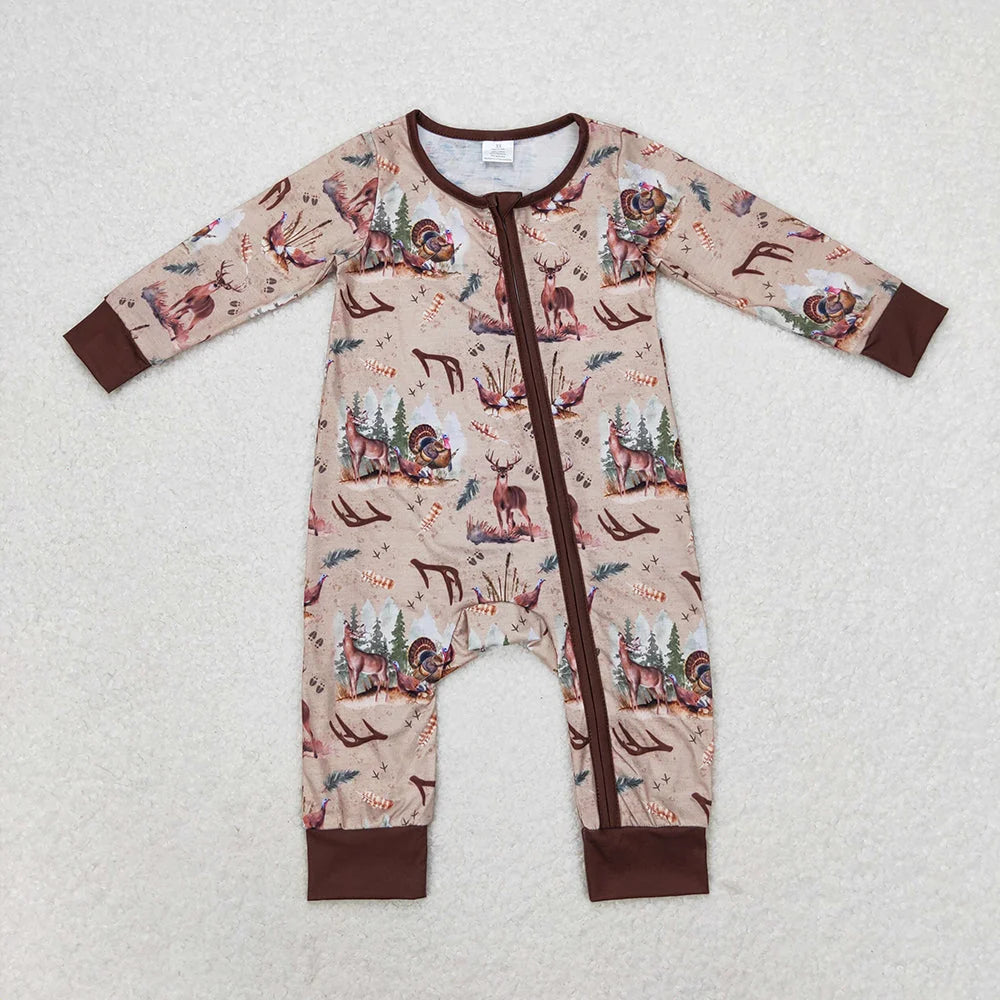 Sibling Baby Boys Hunting Deer Short Sleeve Top Pants Pajama Set +Zipper Romper
