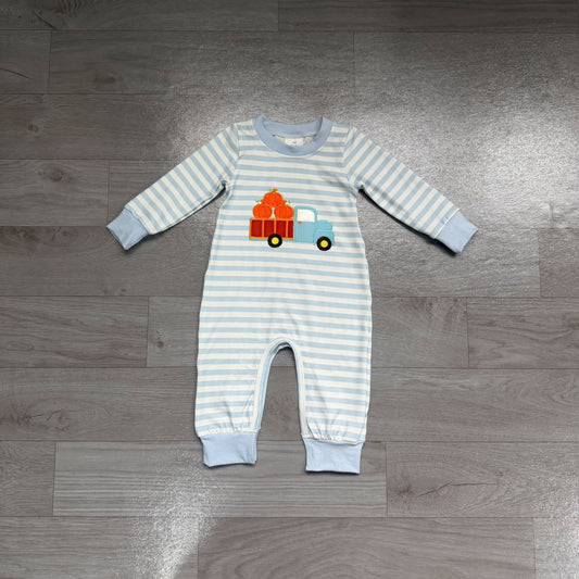 Preorder Baby Boys Pumpkin Truck Blue Striped Long Sleeve Romper