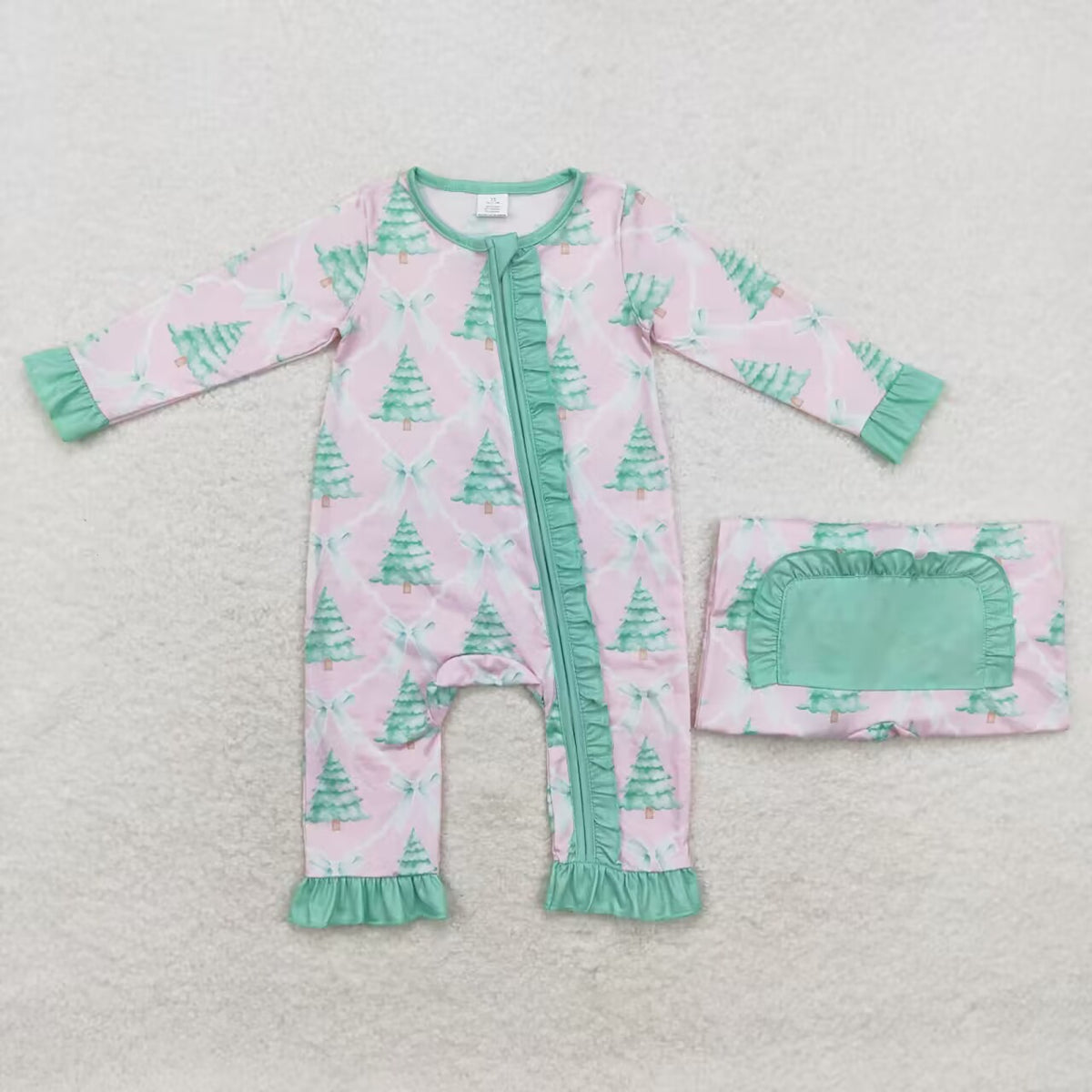 LR1073 Tree Bows Print Baby Girls Christmas Bamboo Zipper Sleeper Romper