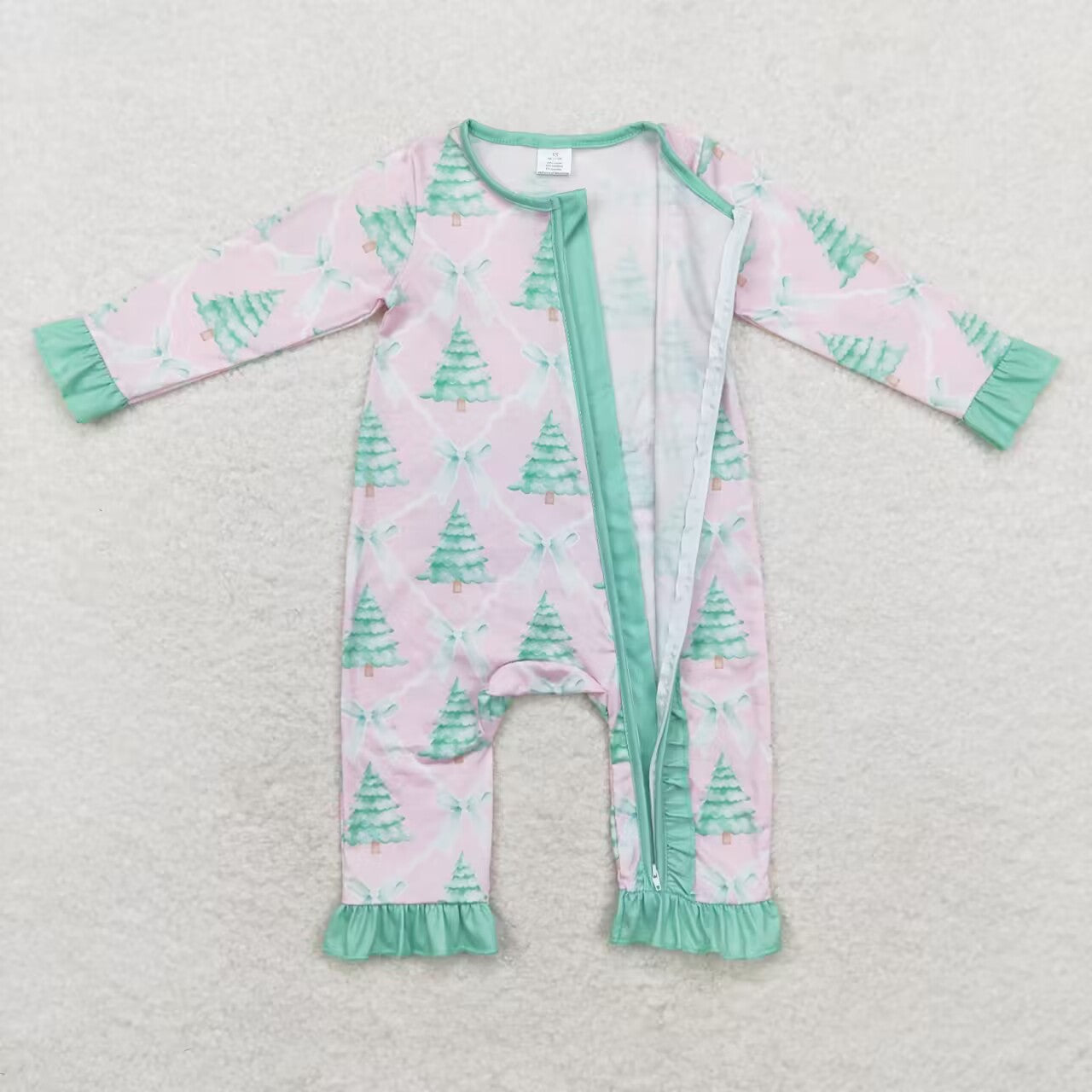 LR1073 Tree Bows Print Baby Girls Christmas Bamboo Zipper Sleeper Romper