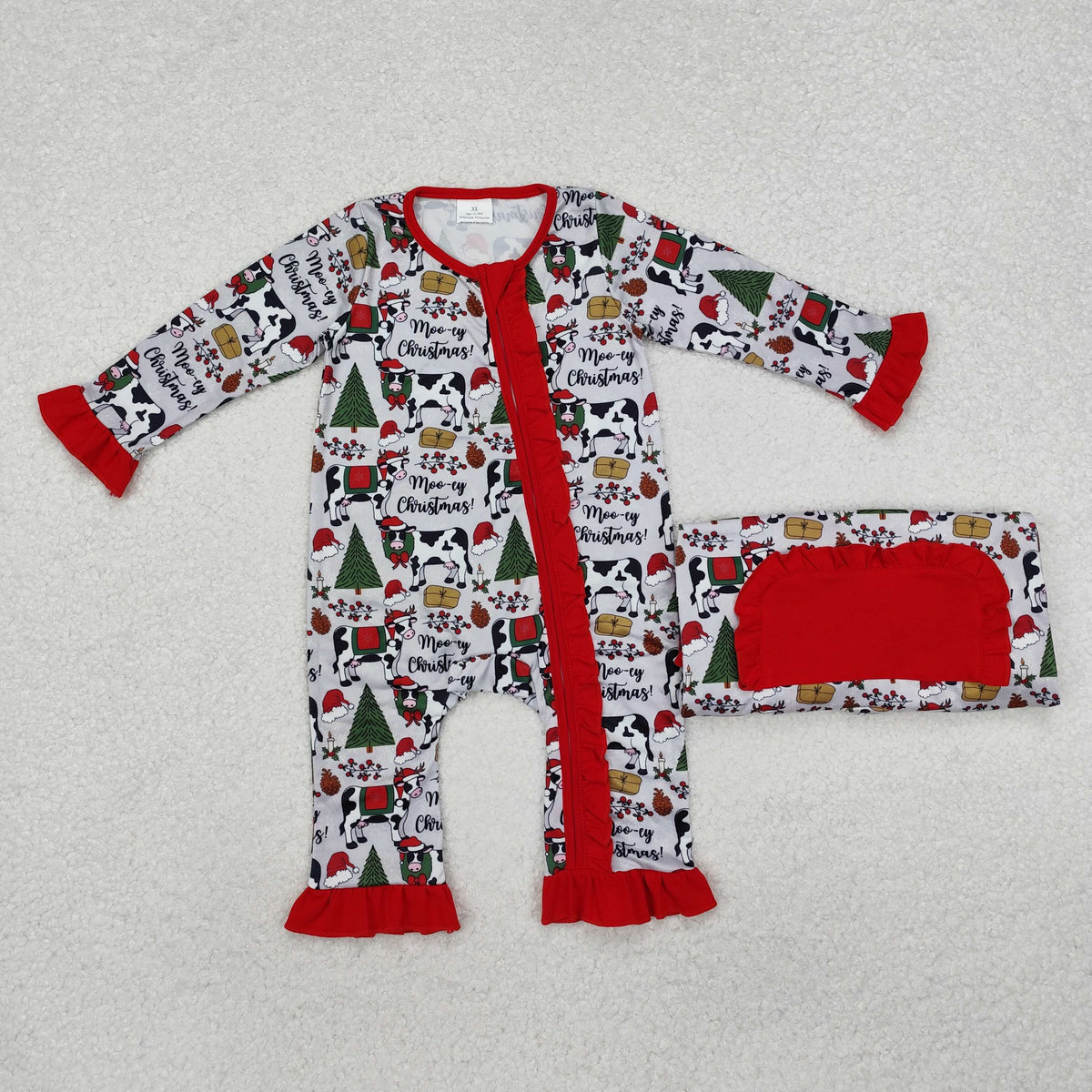 LR1074 Cows Tree Holly Print Baby Girls Christmas Zipper Sleeper Romper