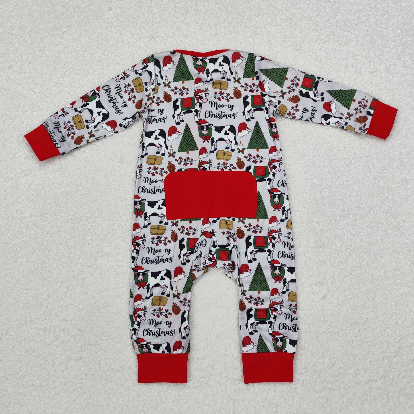 LR1075 Cows Tree Holly Print Baby Boys Christmas Zipper Sleeper Romper