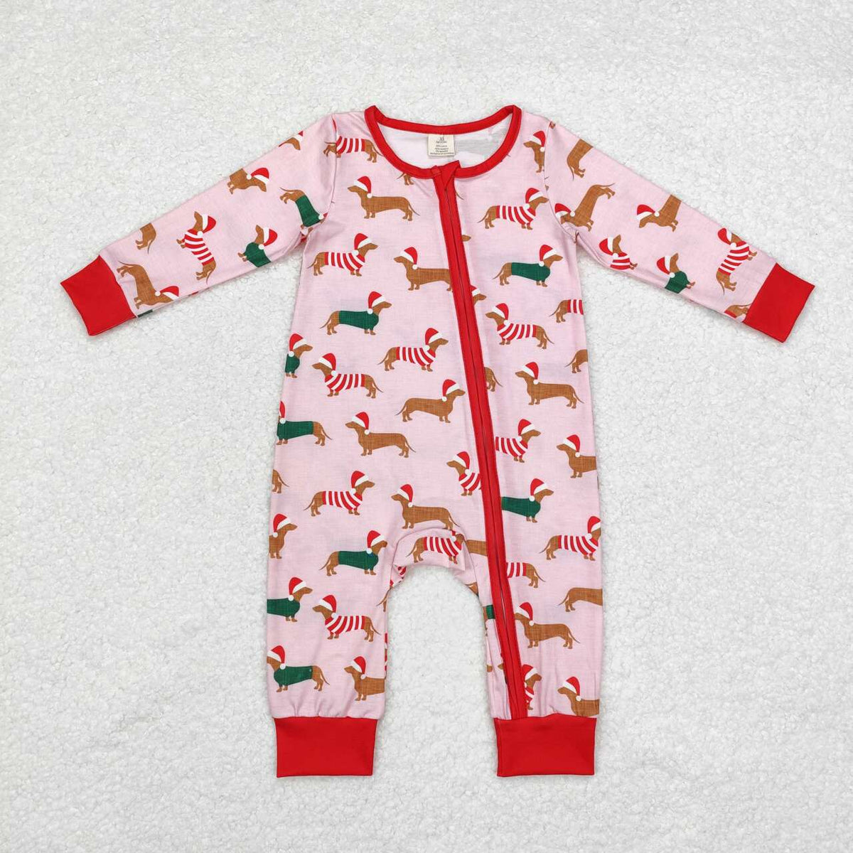 LR1081 Dog Pink Print Baby Girls Christmas Bamboo Zipper Sleeper Romper