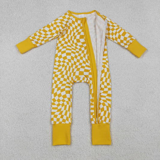 LR1089 Baby Girls Boys Yellow Checked Long Sleeve Zipper Romper