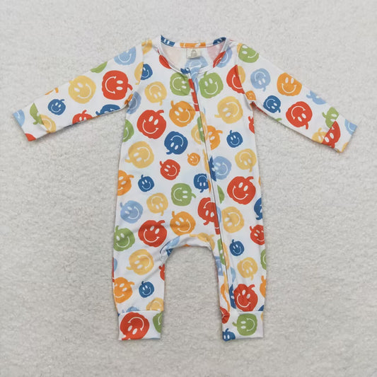 LR1094 Colorful Pumpkin Smiling Print Baby Halloween Zipper Sleeper Romper
