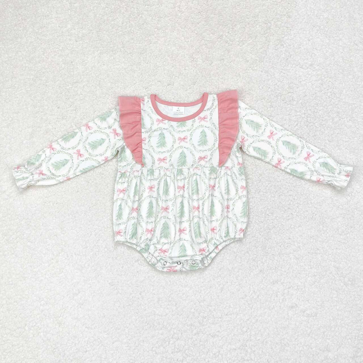 LR1105 Tree Bows Print Baby Girls Christmas Romper