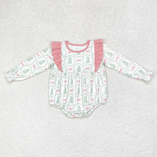 LR1105 Tree Bows Print Baby Girls Christmas Romper