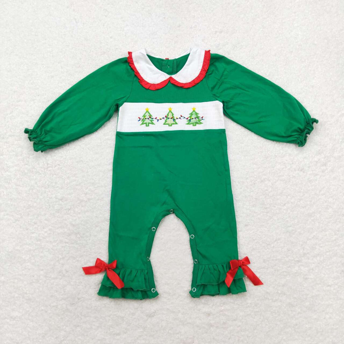 LR1119  Tree Embroidery Green Cotton Baby Girls Christmas Smocked Romper