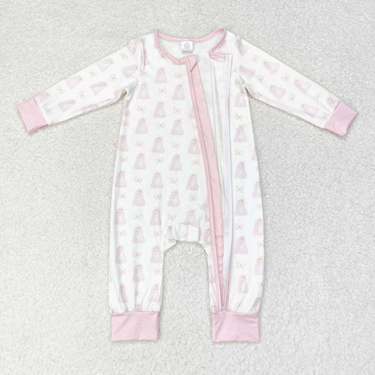 LR1124 Ghost Bows Pink Print Baby Girls Halloween Zipper Sleeper Romper