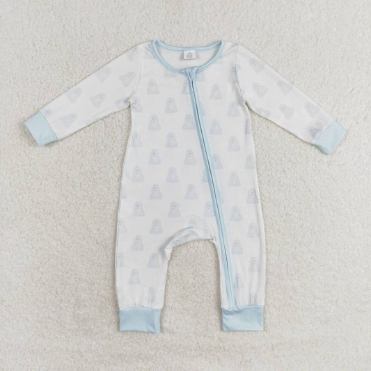 LR1125 Ghost Blue Print Baby Boys Halloween Zipper Sleeper Romper