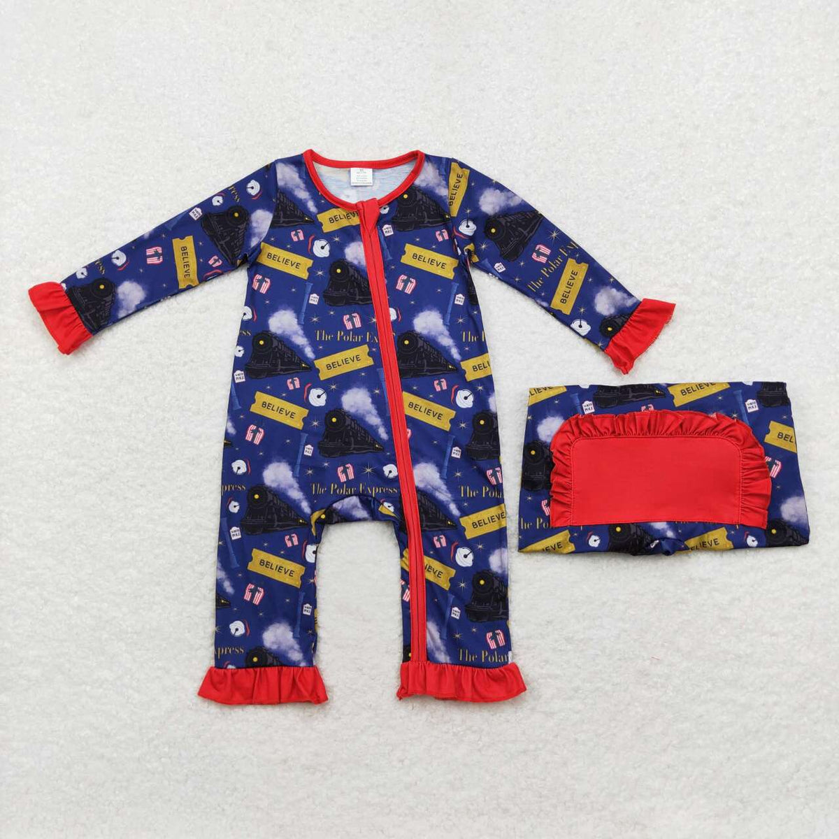 LR1132 Bell Train Believe Print Baby Girls Christmas Bamboo Zipper Sleeper Romper