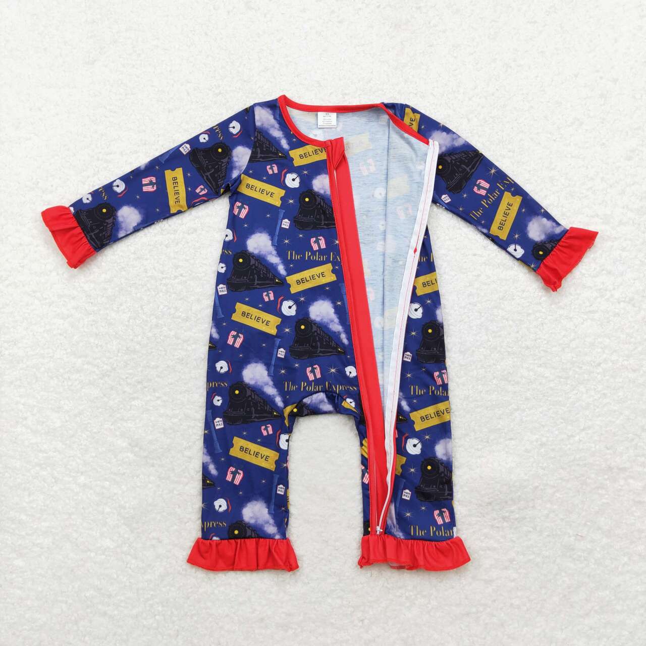 LR1132 Bell Train Believe Print Baby Girls Christmas Bamboo Zipper Sleeper Romper