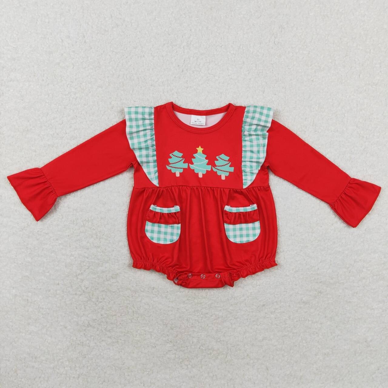 LR1161 Tree Red Print Pockets Baby Girls Christmas Romper
