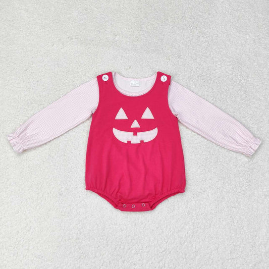 LR1171 Checkered Pink Top Smiling Face Embroidery Hot Pink Romper Baby Girls Halloween Clothes Set