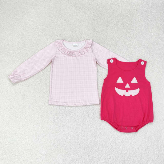 LR1171 Checkered Pink Top Smiling Face Embroidery Hot Pink Romper Baby Girls Halloween Clothes Set