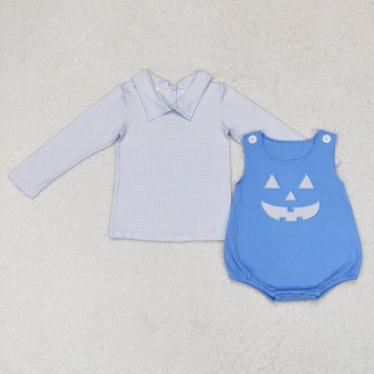 LR1172 Checkered Top Smiling Face Embroidery Blue Romper Baby Boys Halloween Clothes Set