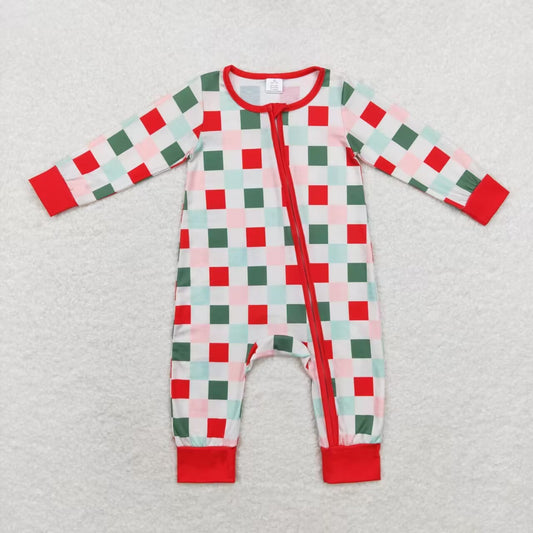 LR1197 Checkered Print Baby Christmas Bamboo Zipper Sleeper Romper