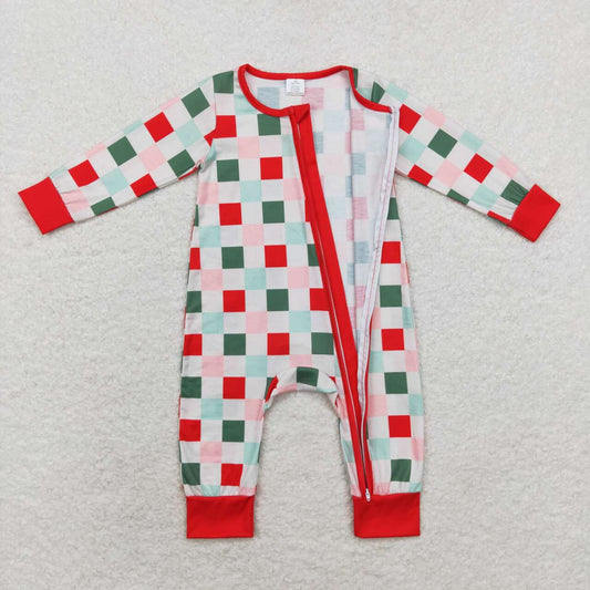 LR1197 Checkered Print Baby Christmas Bamboo Zipper Sleeper Romper
