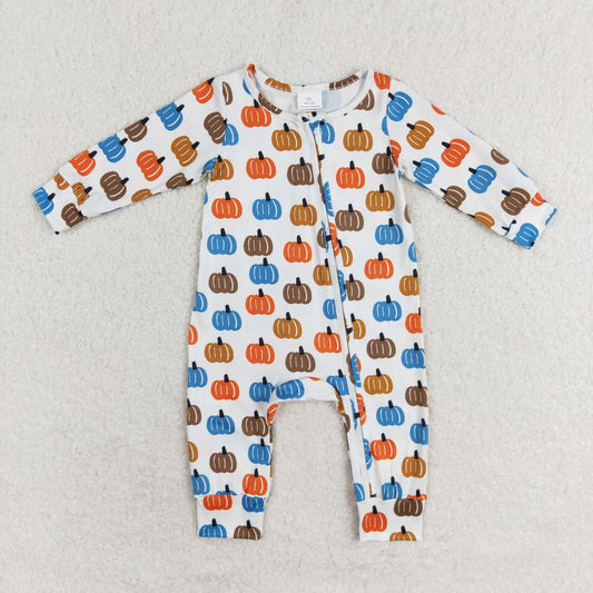 LR1218 Colorful Pumpkin Print Baby Boys Fall Zipper Sleeper Romper
