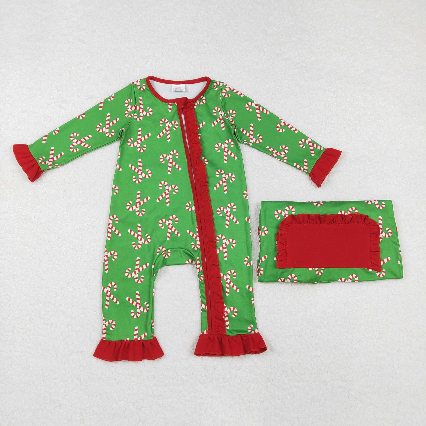 LR1236 Candy Cane Green Print Baby Girls Christmas Zipper Sleeper Romper