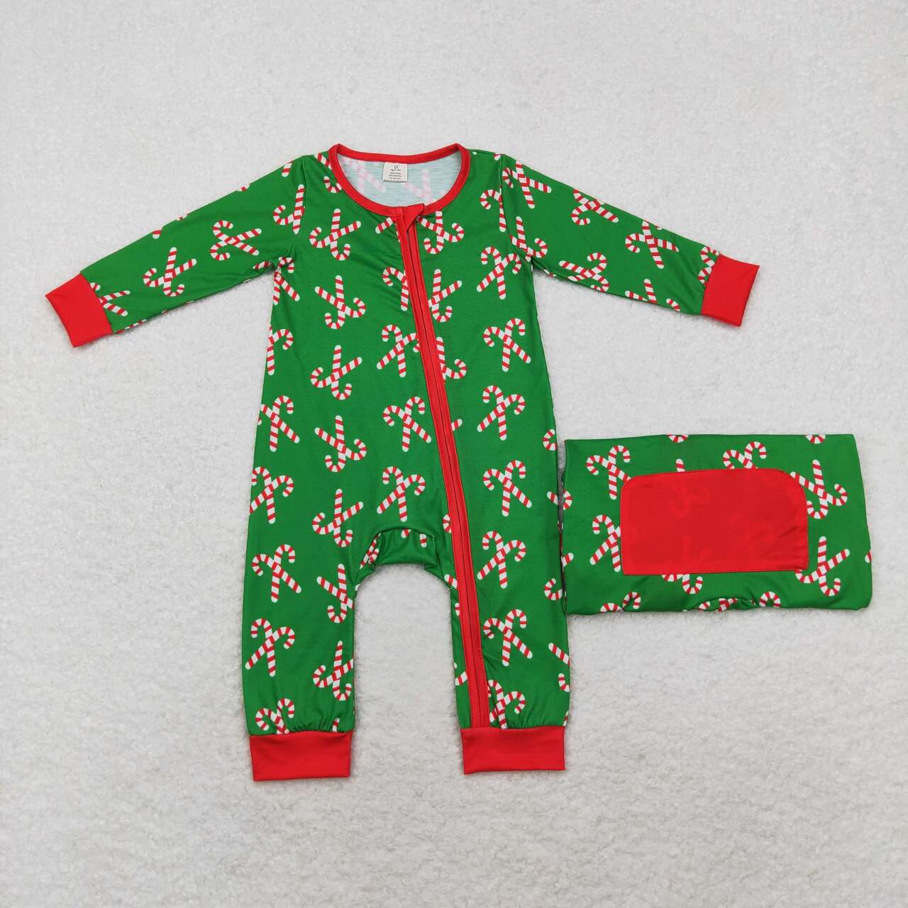 LR1237 Candy Cane Green Print Baby Christmas Bamboo Zipper Sleeper Romper