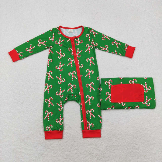 LR1237 Candy Cane Green Print Baby Christmas Bamboo Zipper Sleeper Romper