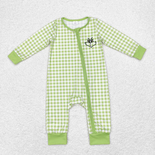 LR1251 Green Frog Smiling Checkered Print Baby Boys Christmas Bamboo Zipper Sleeper Romper