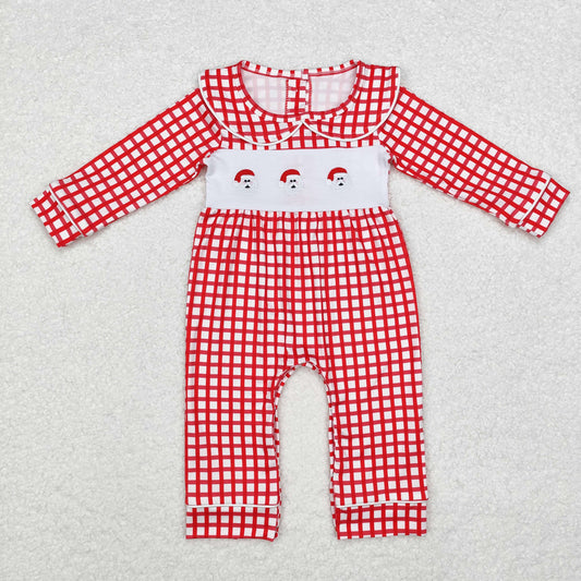 LR1263  Santa Embroidery Red Checkered Print Baby Girls Christmas Romper