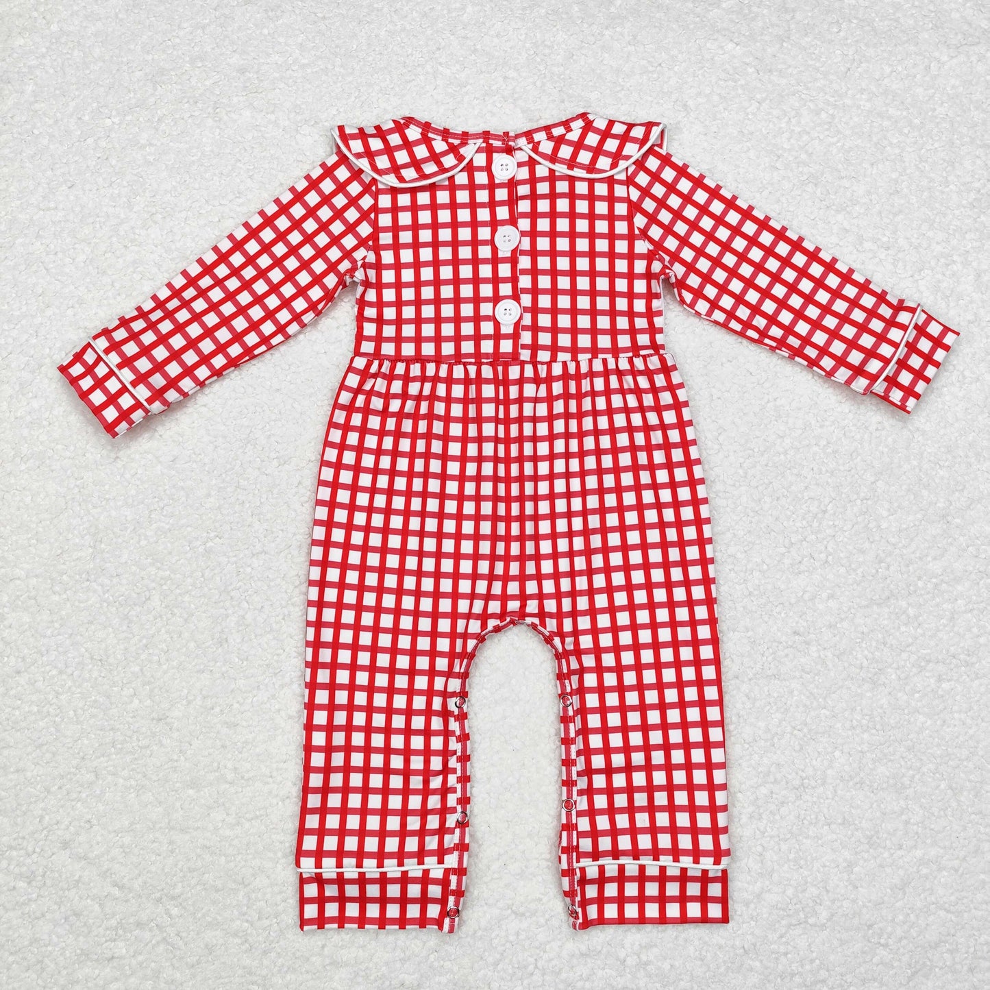 LR1263  Santa Embroidery Red Checkered Print Baby Girls Christmas Romper