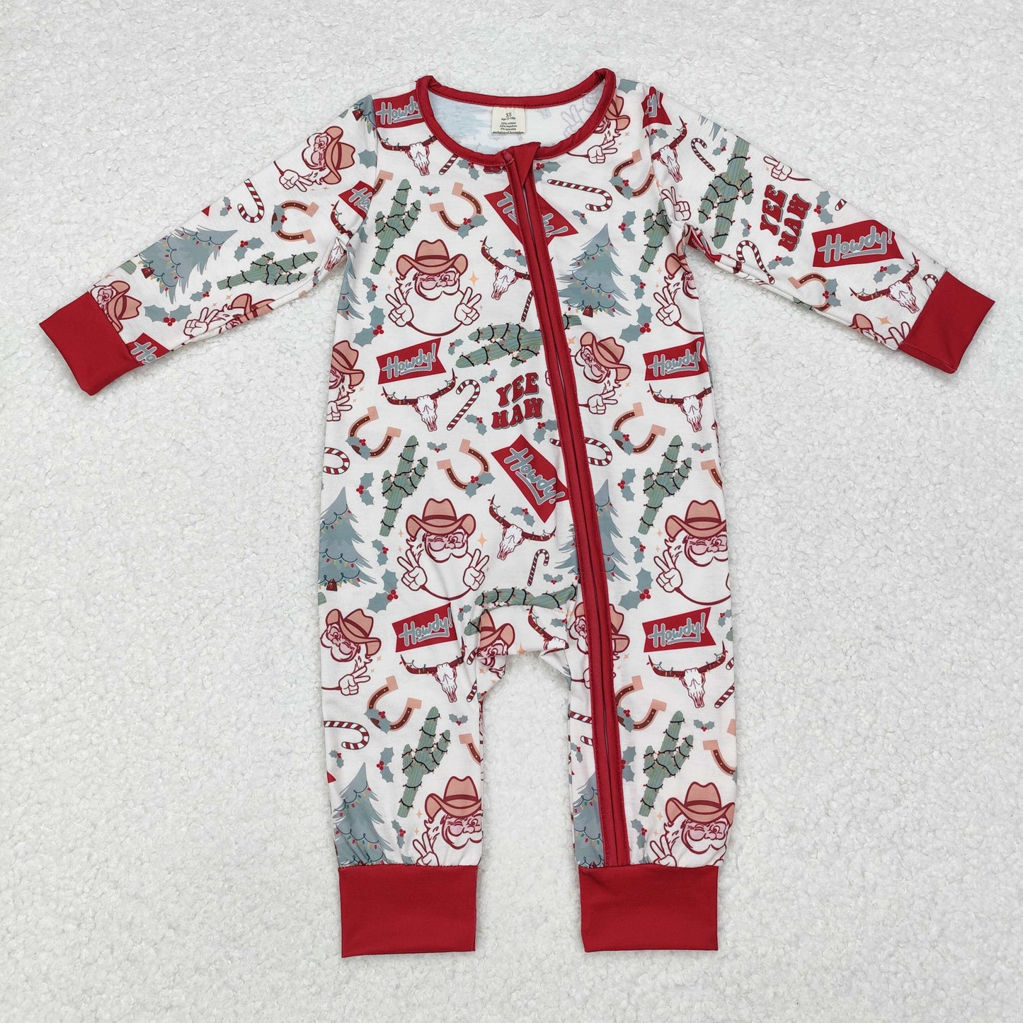 LR1278 Santa Holly Howdy Print Baby Boys Christmas Bamboo Zipper Sleeper Romper
