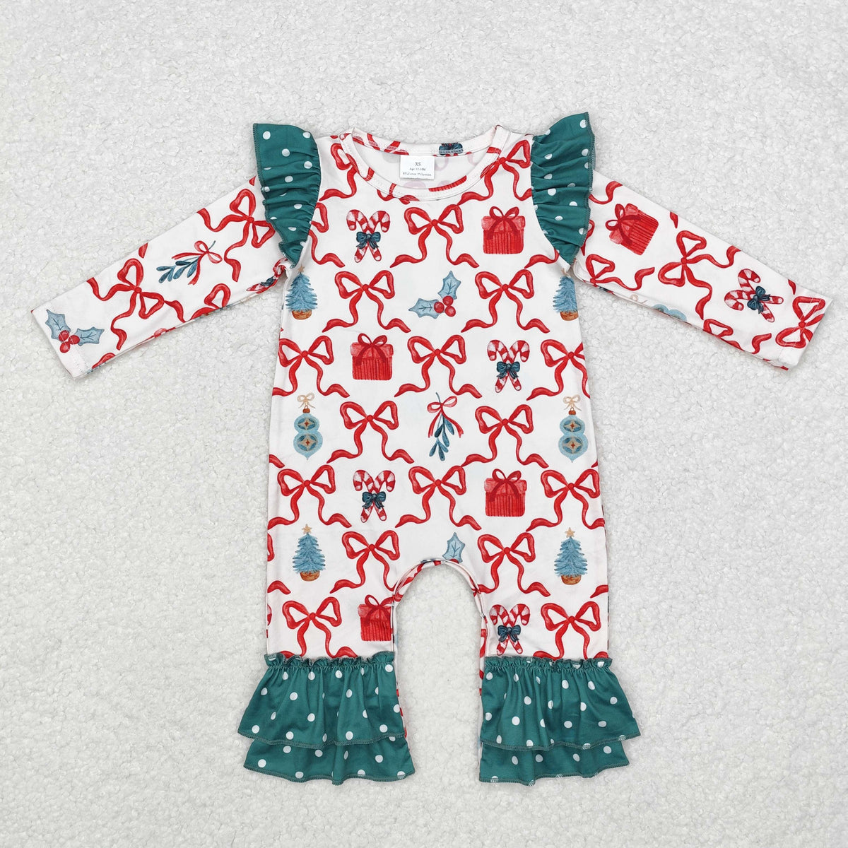 LR1285 Candy Cane Holly Bows Print Baby Girls Christmas Ruffle Romper