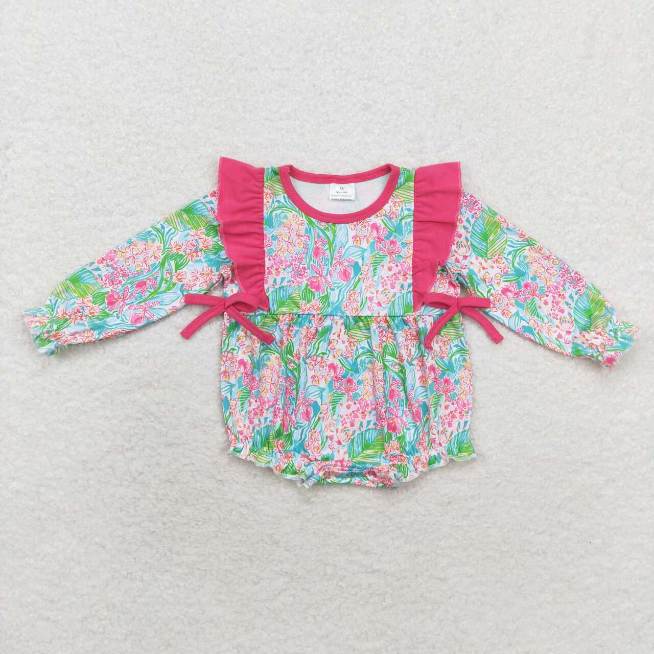 LR1295 Seaweed Print Baby Girls Long Sleeve Ruffle Romper
