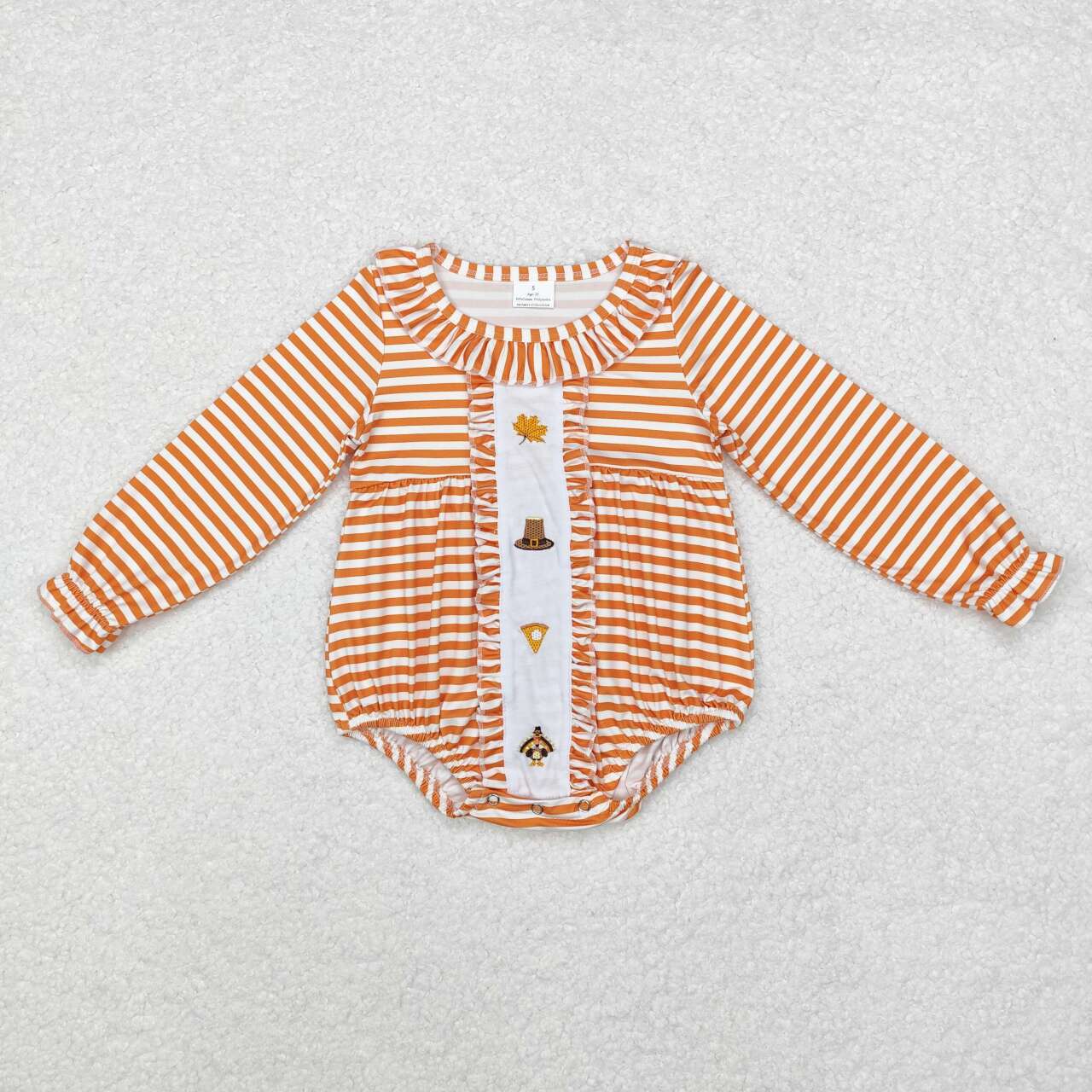 LR1300 Turkey Pie Embroidery Orange Stripes Baby Girls Thanksgiving Romper