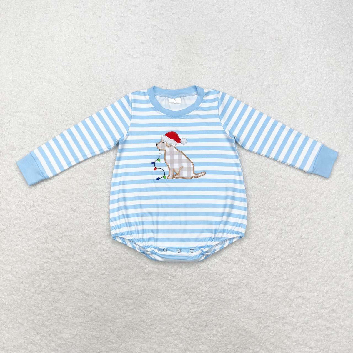LR1307  Dog Embroidery Blue Stripes Print Baby Boys Christmas Romper