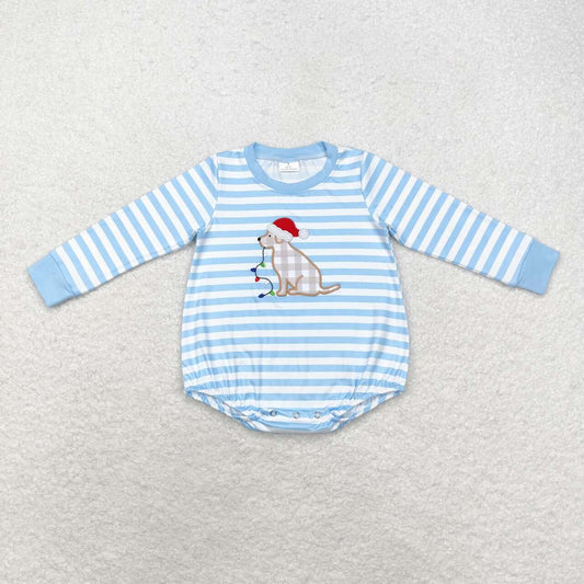 LR1307  Dog Embroidery Blue Stripes Print Baby Boys Christmas Romper