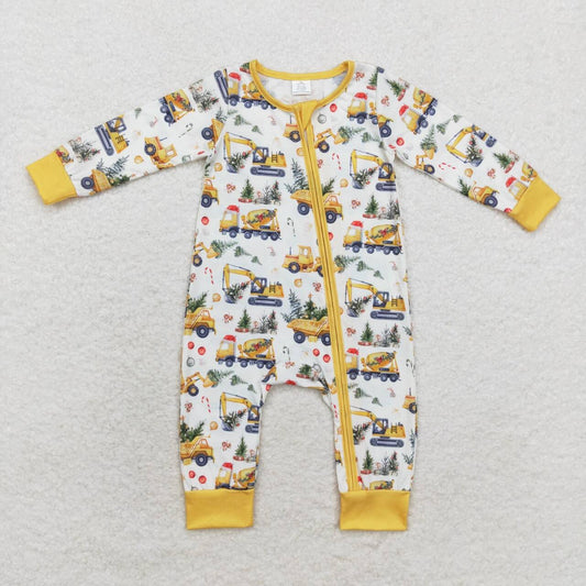 LR1332 Construction Tree Candy Cane Print Baby Boys Christmas Bamboo Zipper Sleeper Romper
