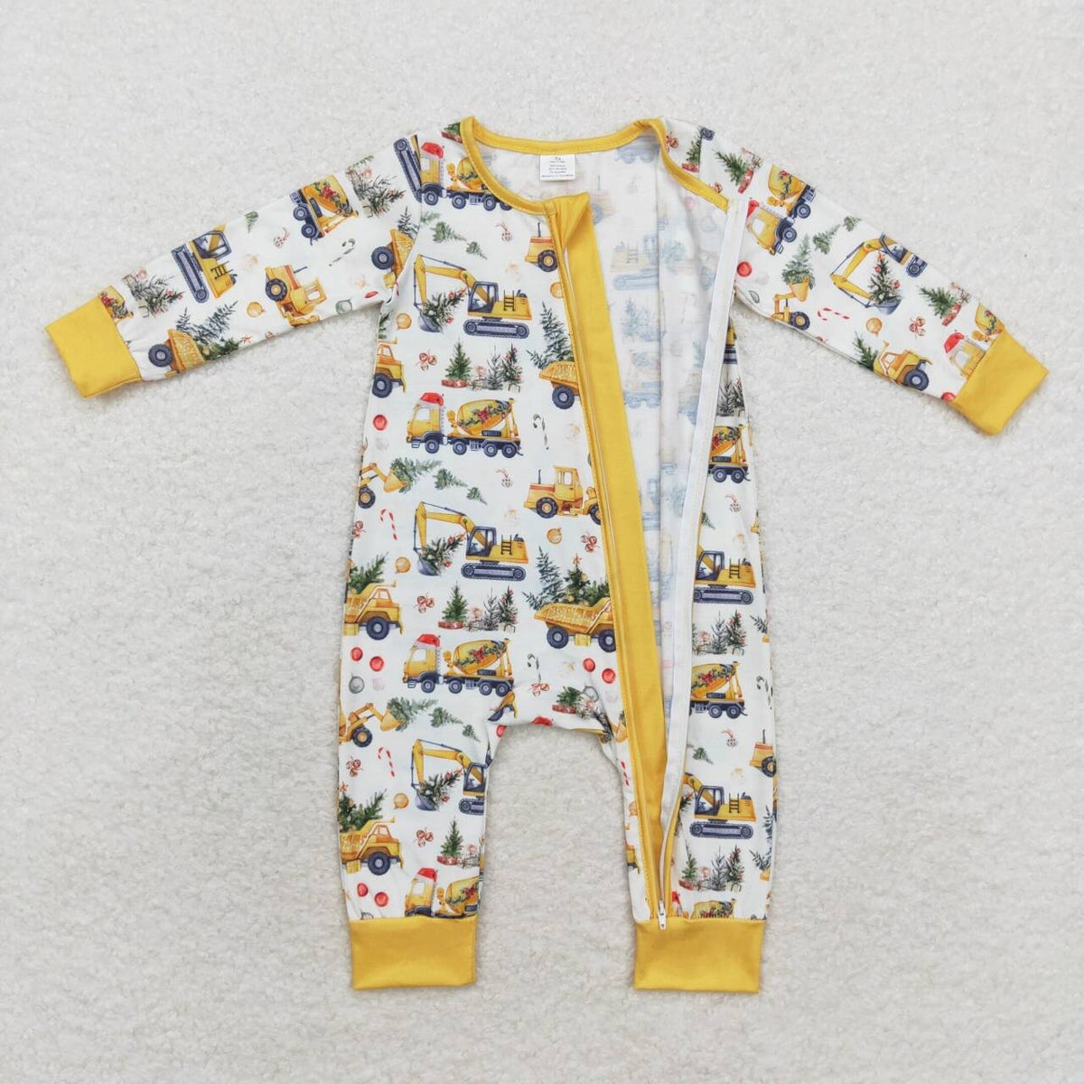 LR1332 Construction Tree Candy Cane Print Baby Boys Christmas Bamboo Zipper Sleeper Romper