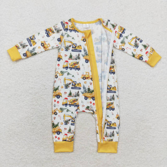 LR1332 Construction Tree Candy Cane Print Baby Boys Christmas Bamboo Zipper Sleeper Romper