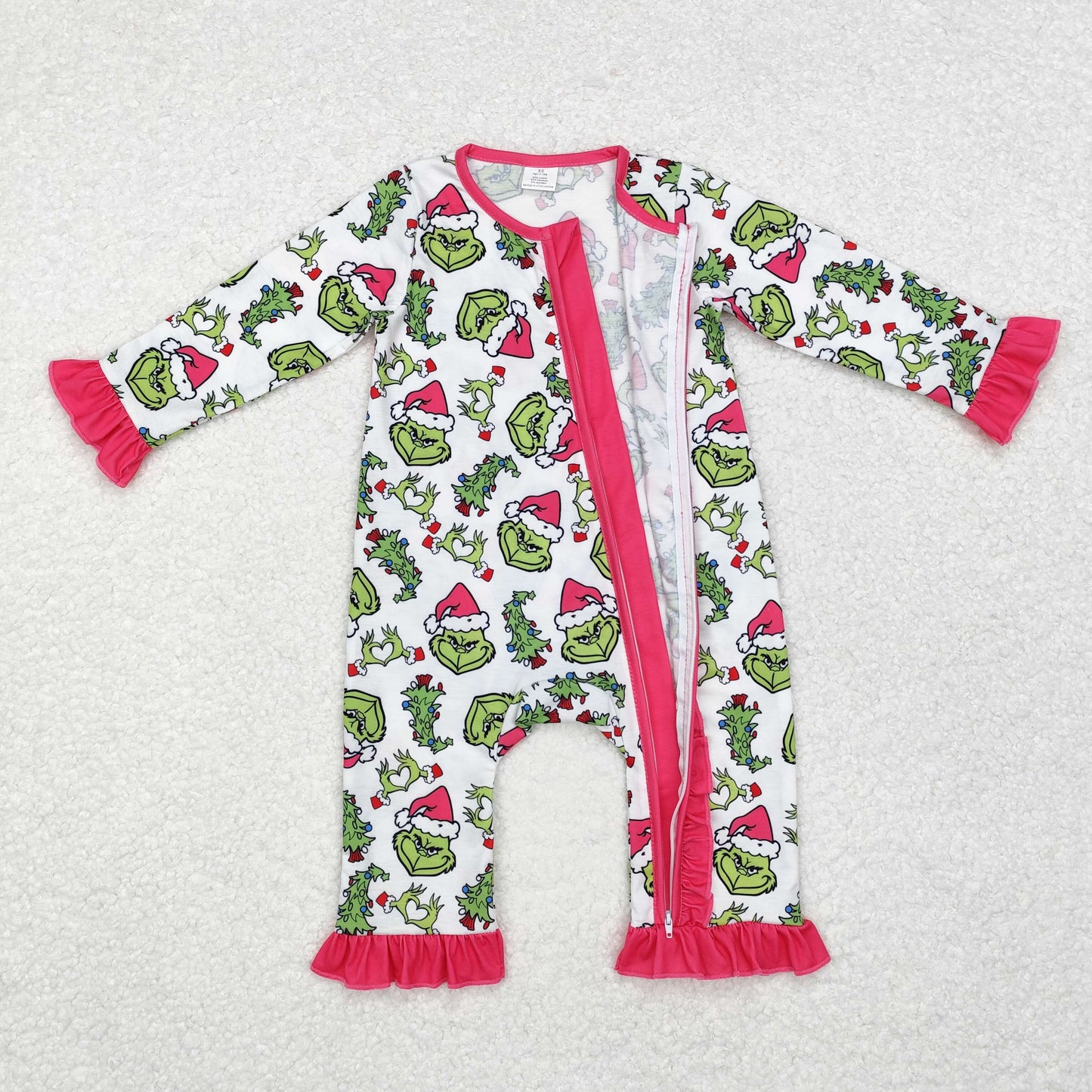 LR1337 Green Frog Smiling Print Baby Girls Christmas Bamboo Zipper Sleeper Romper