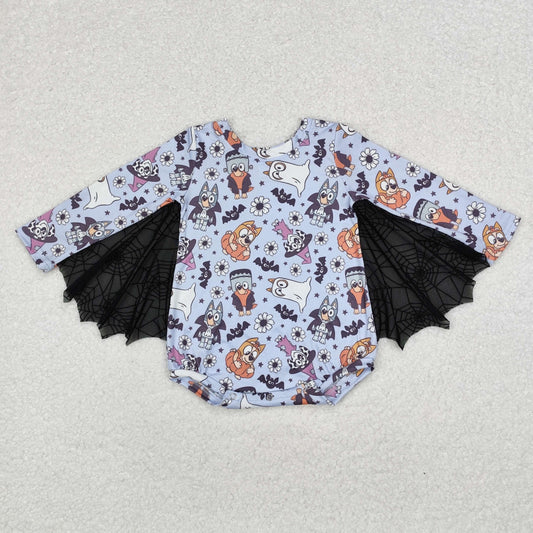 LR1341 Cartoon Dog Flowers Baby Girls Halloween Tulle Romper